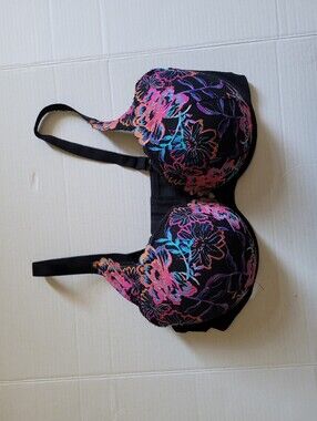 Torrid bra 40DDD underwear lingerie padded black bright color lacy flowers pink
